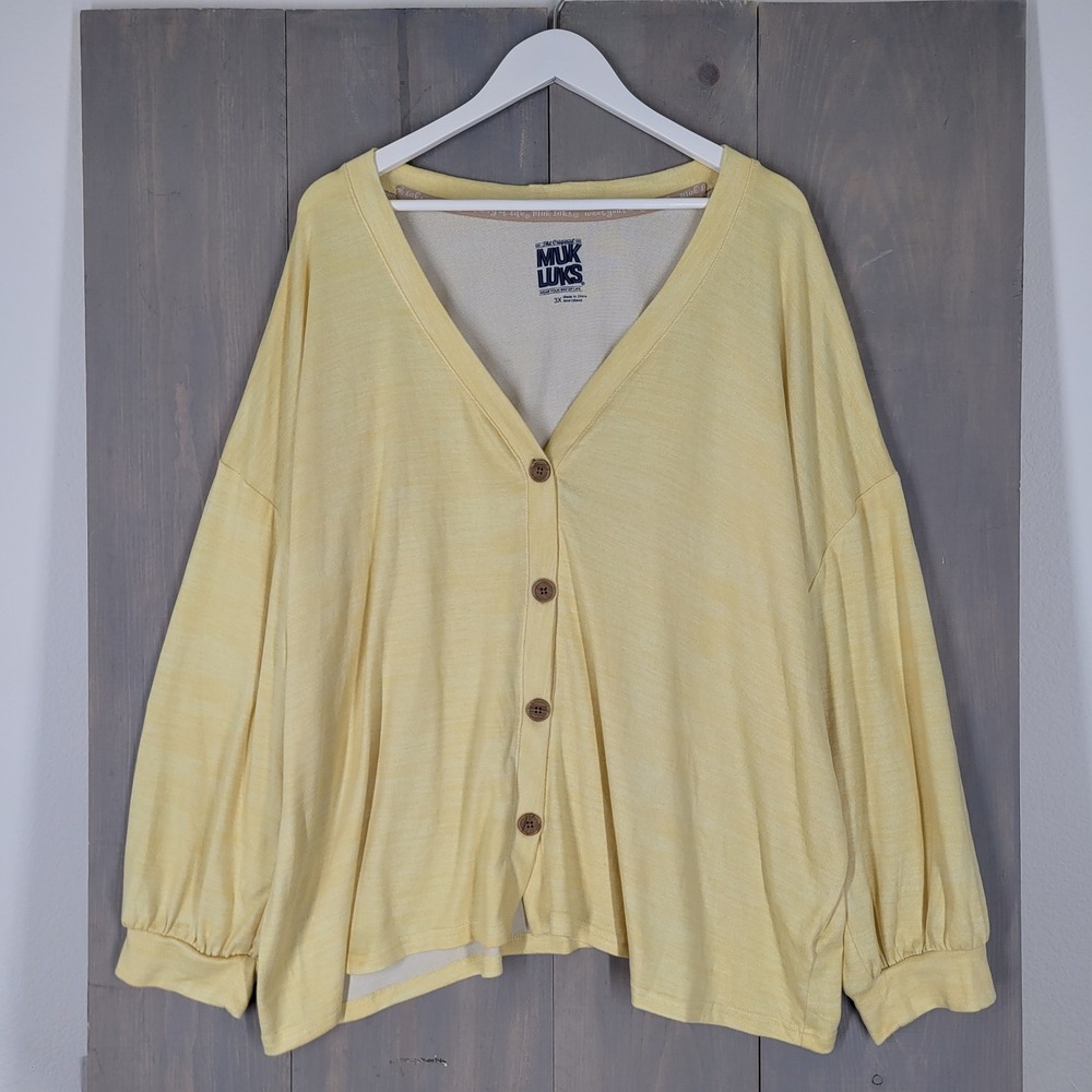 Muk Luks Long Sleeve Top Womens 3X Yellow Space Dye V-Neck Button Front
